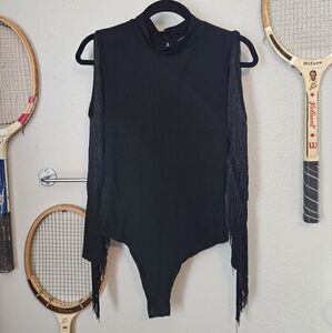 Blue b Collection Fringe Black Long Sleeve Bodysuit Medium